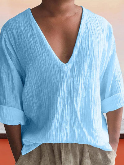 Casual Solid V-neck Cotton Linen Top Shirts coofandystore Blue M 