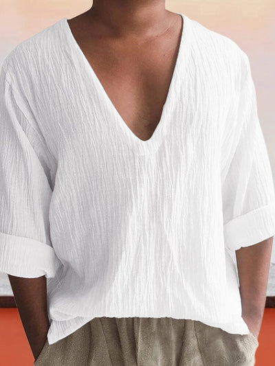 Casual Solid V-neck Cotton Linen Top Shirts coofandystore White M 