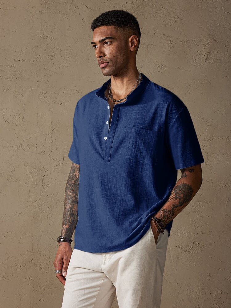 Fashion Cotton Linen Half Button Shirt Shirts coofandystore Navy Blue S 