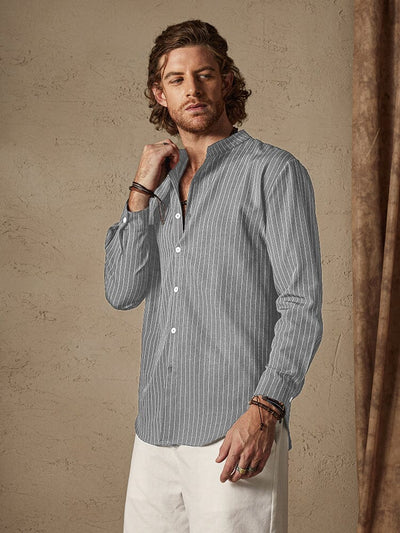 Casual Stand Collar Stripe Cotton Linen Shirt Shirts coofandystore Light Grey S 