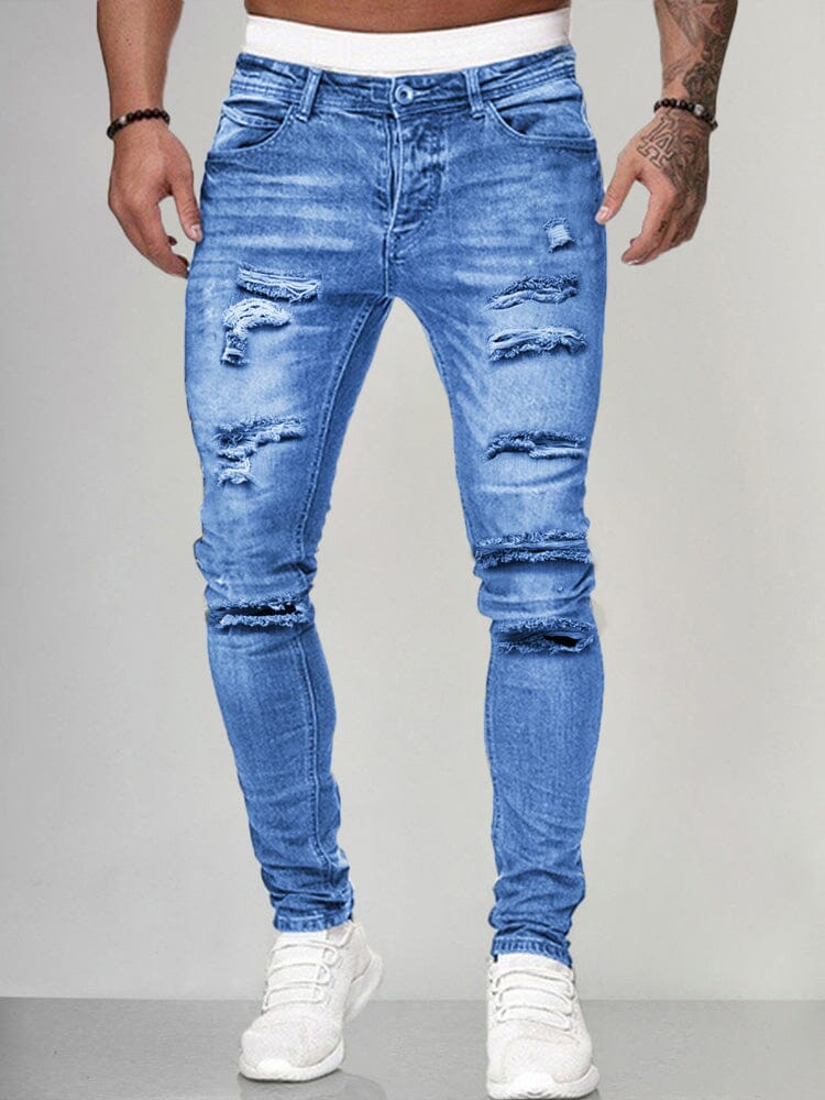 Classic Slim Torn Jeans Pants coofandystore Clear Blue S 