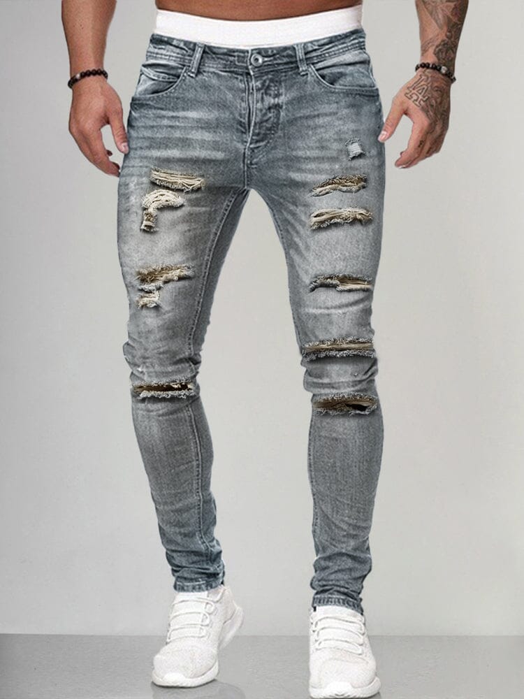 Classic Slim Torn Jeans Pants coofandystore Grey S 