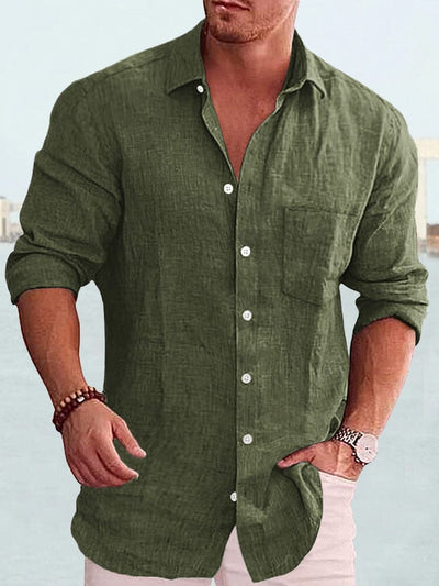 Cotton Linen Long Sleeve Shirt Shirts coofandystore Army Green S 