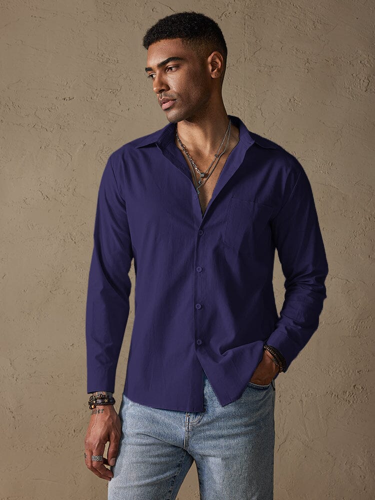 Cotton Linen Long Sleeve Casual Shirt Shirts coofandystore Navy Blue S 