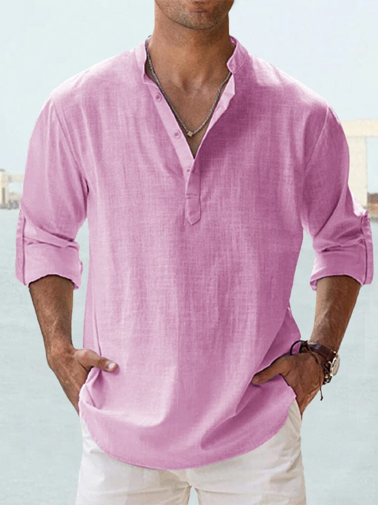 Cotton Linen Casual Long Sleeve Shirt Shirts coofandystore Pink S 