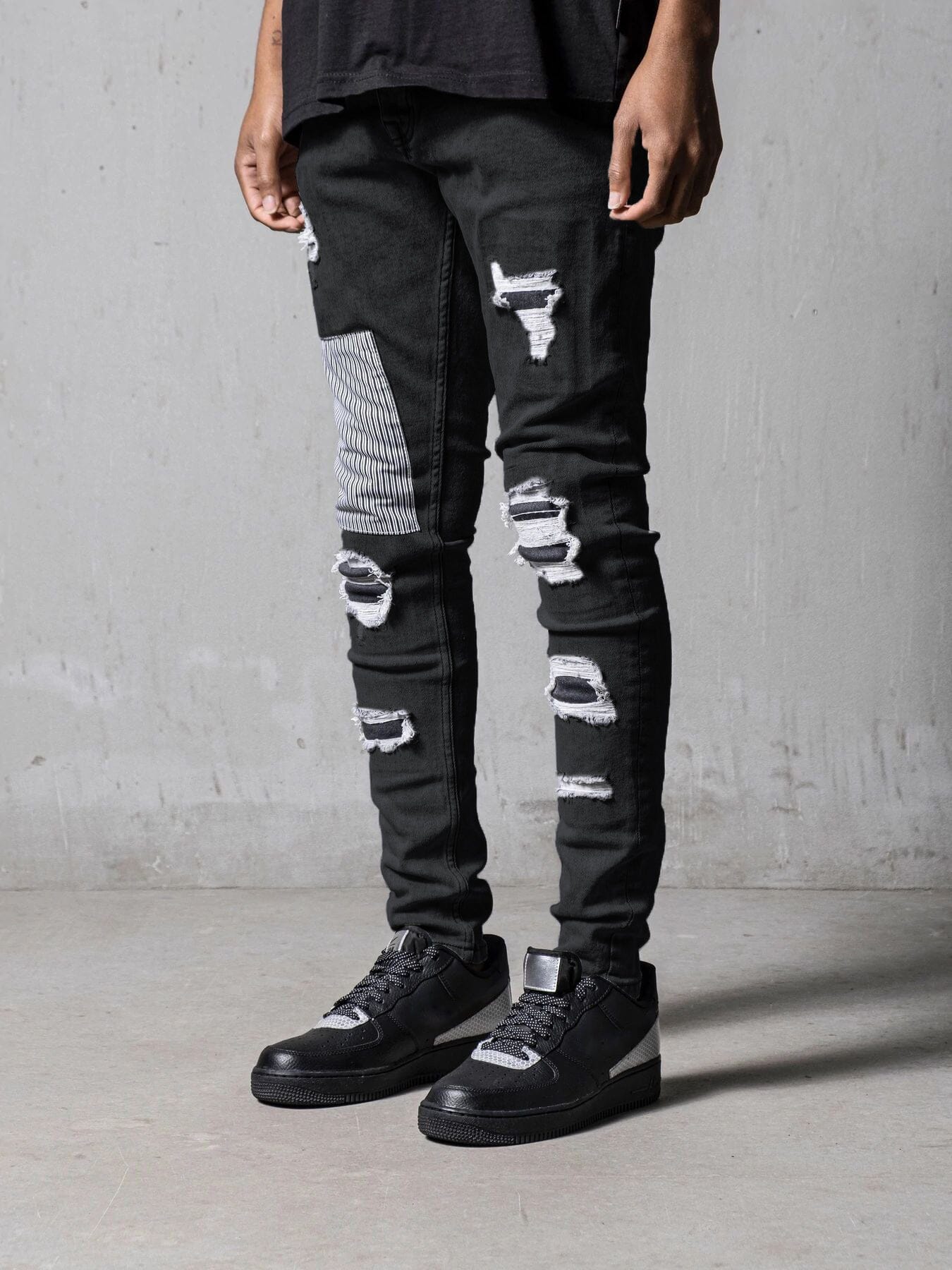 Slim Fit Torn Patch Jeans Pants coofandystore Dark Grey S 
