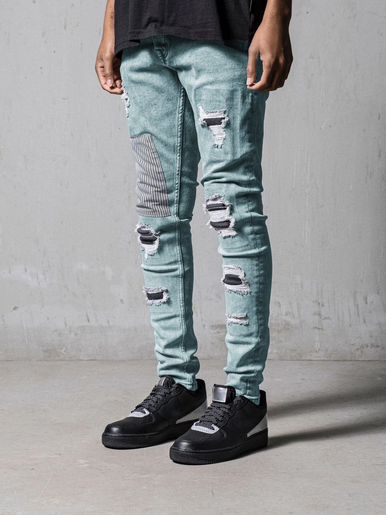 Slim Fit Torn Patch Jeans Pants coofandystore Light Blue S 