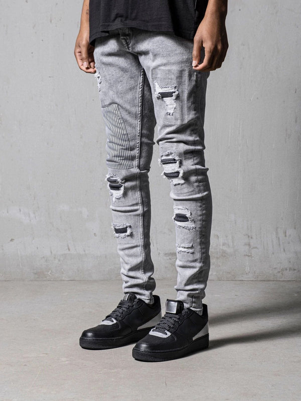 Slim Fit Torn Patch Jeans Pants coofandystore Light Grey S 