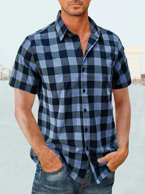 Classic Casual Plaid Cotton Linen Shirt Shirts coofandystore Clear Blue S 
