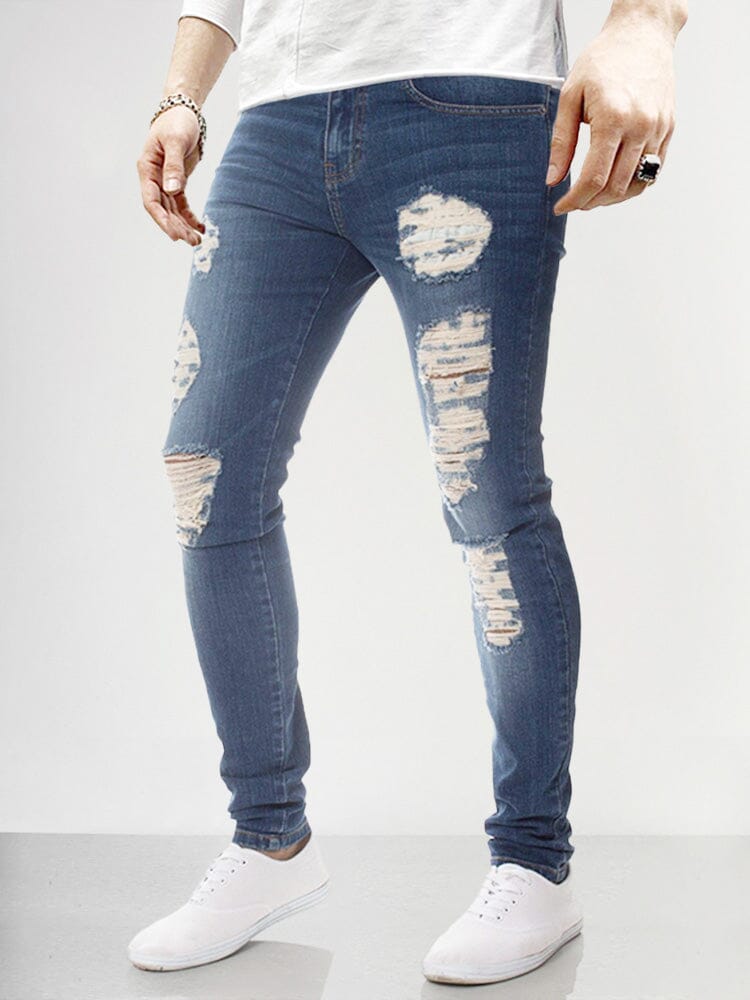 Fashion Slim Fit Torn Jeans Pants coofandystore Dark Blue S 
