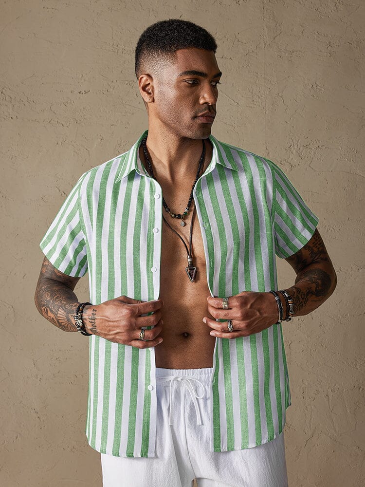 Cotton Linen Casual Striped Shirt Shirts & Polos coofandystore Green S 