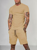 Solid Color Short Sleeve Casual Set Sets coofandystore Khaki M 
