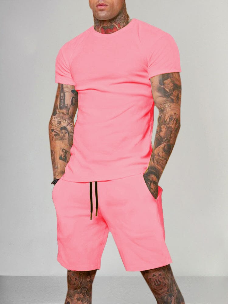 Solid Color Short Sleeve Casual Set Sets coofandystore Pink M 
