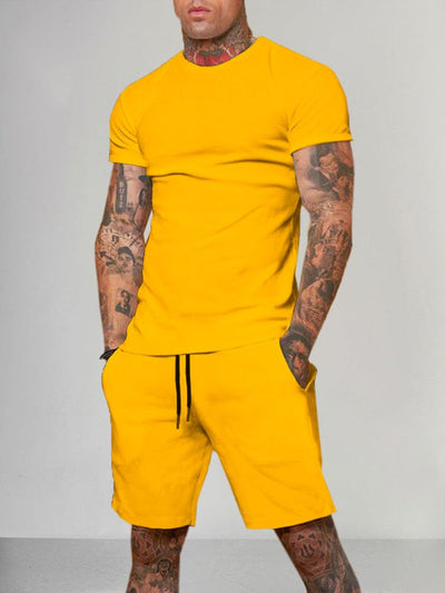 Solid Color Short Sleeve Casual Set Sets coofandystore Yellow M 