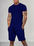 Solid Color Short Sleeve Casual Set Sets coofandystore Navy Blue M 