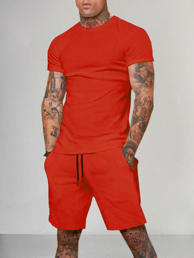 Solid Color Short Sleeve Casual Set Sets coofandystore Red M 