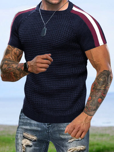 Casual Waffle Splicing Knitted Top T-Shirt coofandystore Navy Blue S 