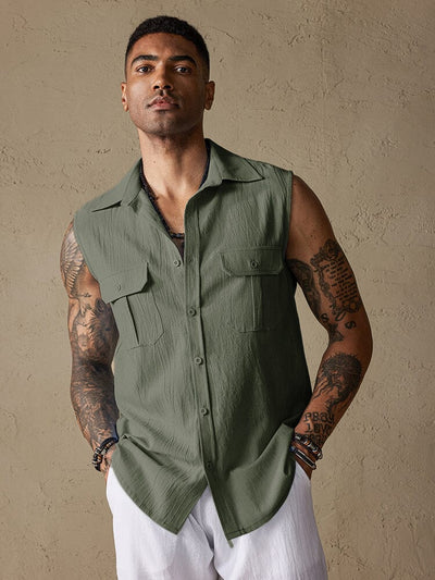 Cotton Linen Sleeveless Button Shirt with Pockets Shirts coofandystore Army Green M 