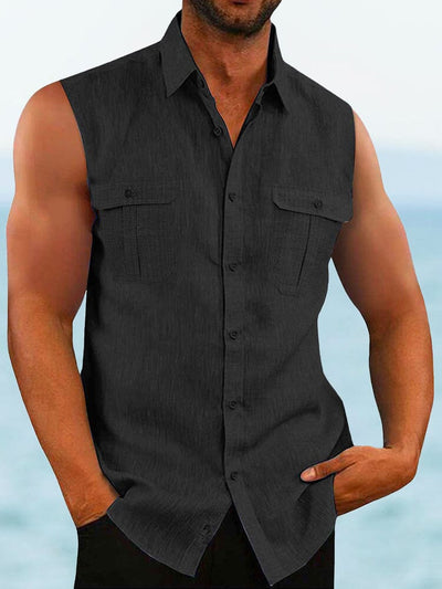 Solid Cotton Linen Sleeveless Shirt Shirts coofandystore Black M 