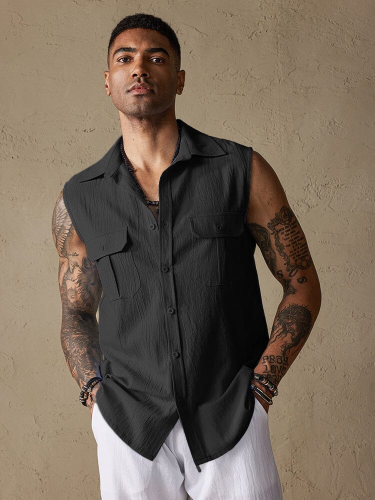 Cotton Linen Sleeveless Button Shirt with Pockets Shirts coofandystore Black M 
