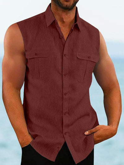 Solid Cotton Linen Sleeveless Shirt Shirts coofandystore Caramel M 