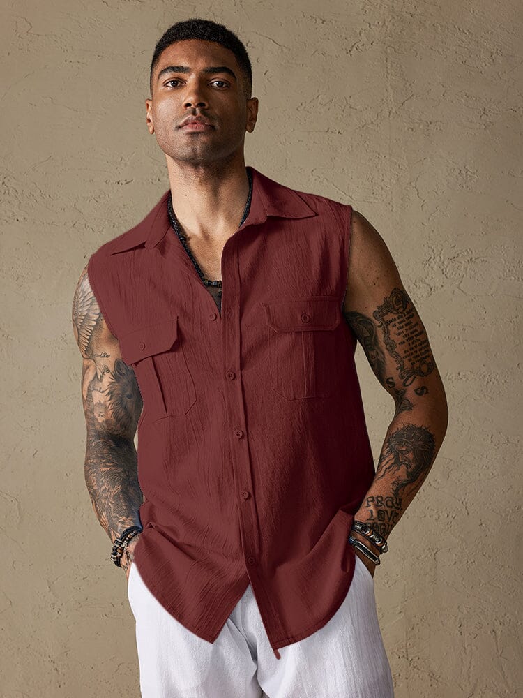 Cotton Linen Sleeveless Button Shirt with Pockets Shirts coofandystore Caramel M 