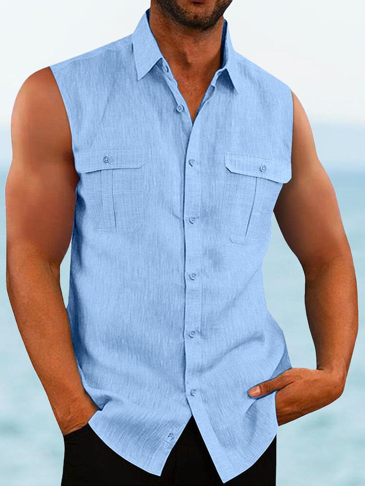 Solid Cotton Linen Sleeveless Shirt Shirts coofandystore Clear Blue M 