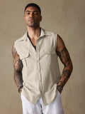 Cotton Linen Sleeveless Button Shirt with Pockets Shirts coofandystore Apricot M 