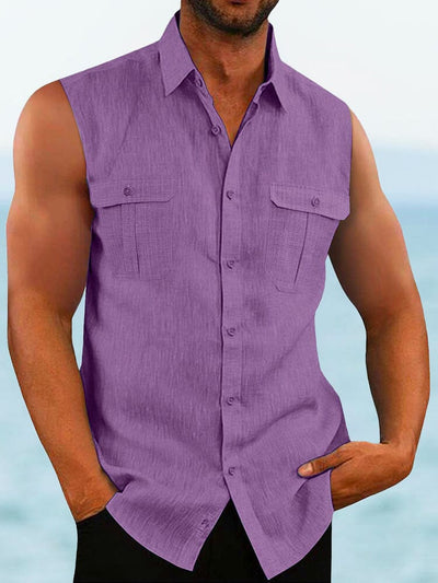 Solid Cotton Linen Sleeveless Shirt Shirts coofandystore Purple M 