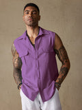 Cotton Linen Sleeveless Button Shirt with Pockets Shirts coofandystore Purple M 