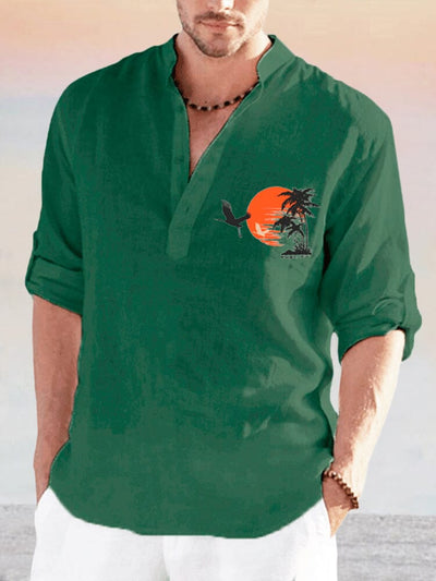 Cozy Crane Printed Cotton Linen Shirt Shirts coofandystore Green S 