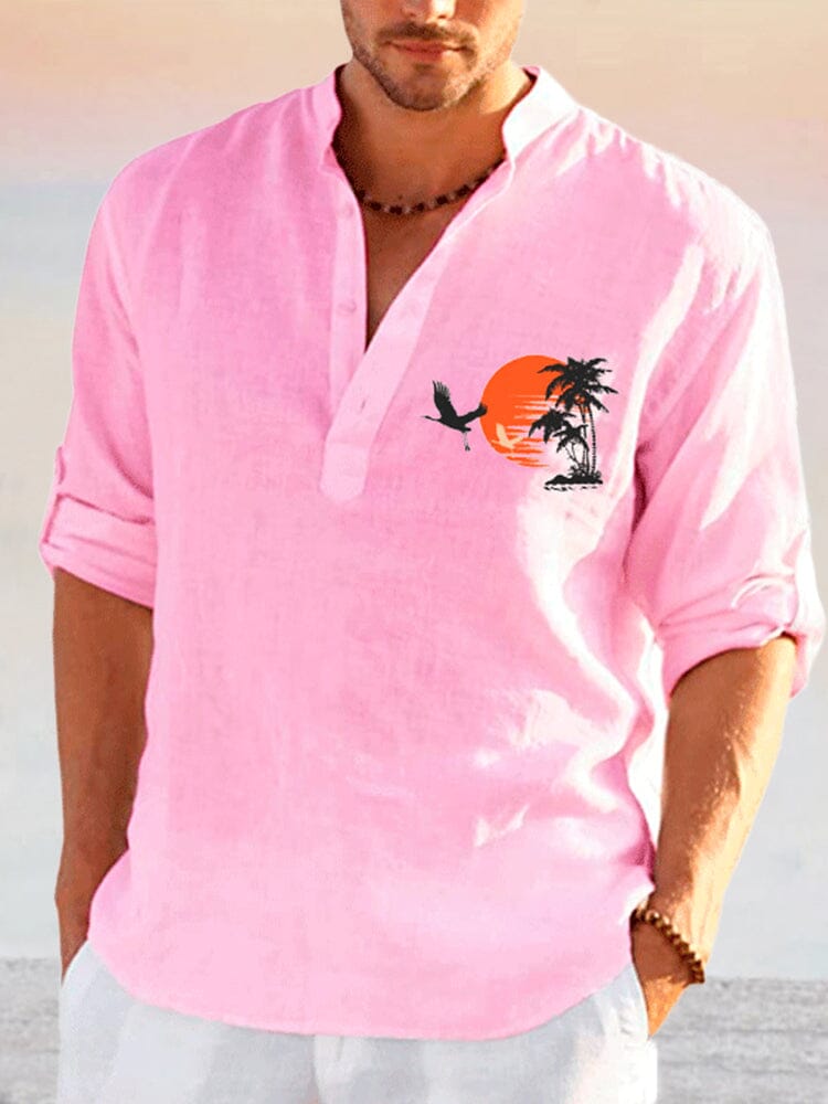 Cozy Crane Printed Cotton Linen Shirt Shirts coofandystore Pink S 