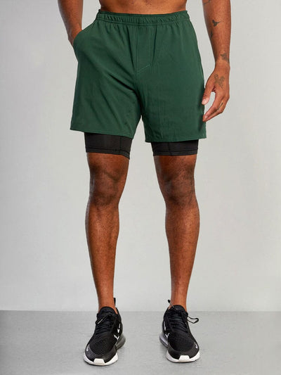 Casual Elastic Waist Double Layer Sports Shorts Shorts coofandystore Dark Green S 