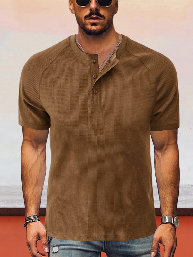 Classic Short Sleeves Henley Shirt T-Shirt coofandystore Khaki S 