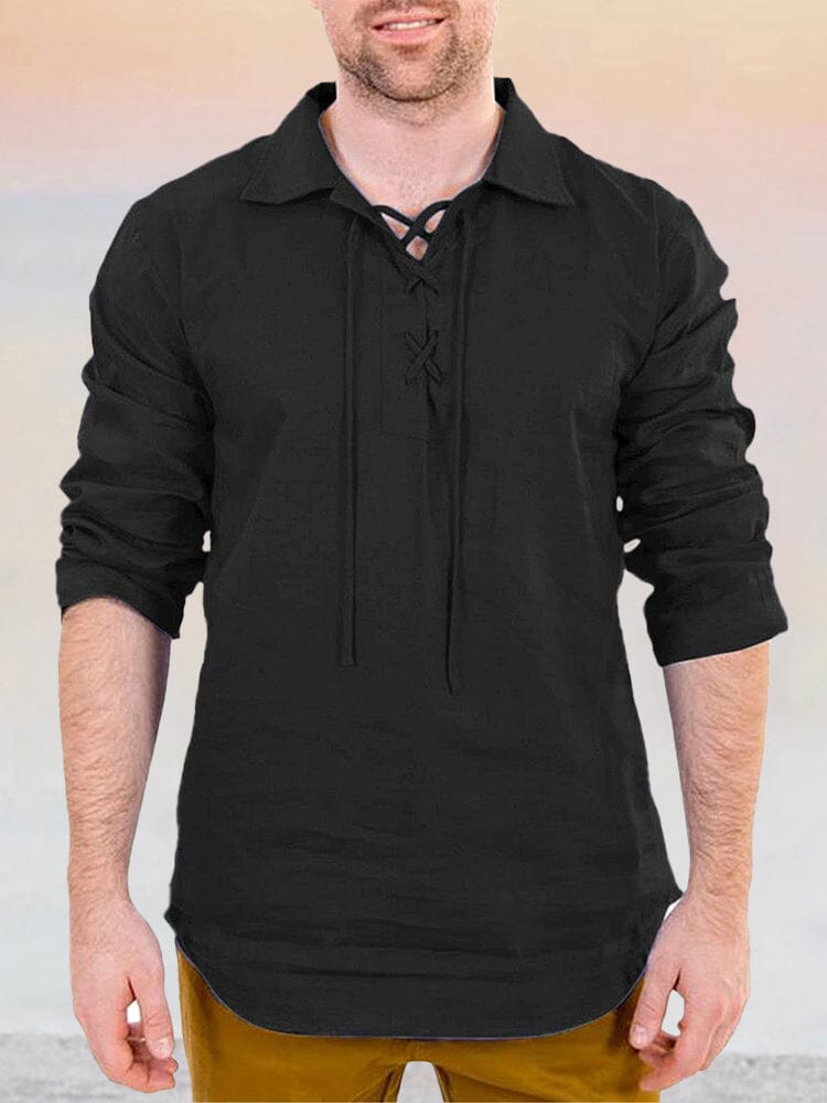 Casual Drawstring Cotton Linen Pullover Shirt Shirts coofandystore Black S 