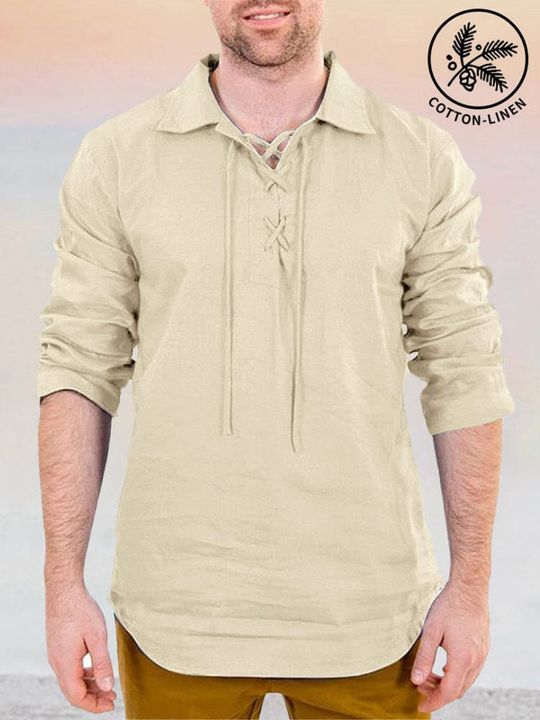 Casual Drawstring Cotton Linen Pullover Shirt Shirts coofandystore Khaki S 