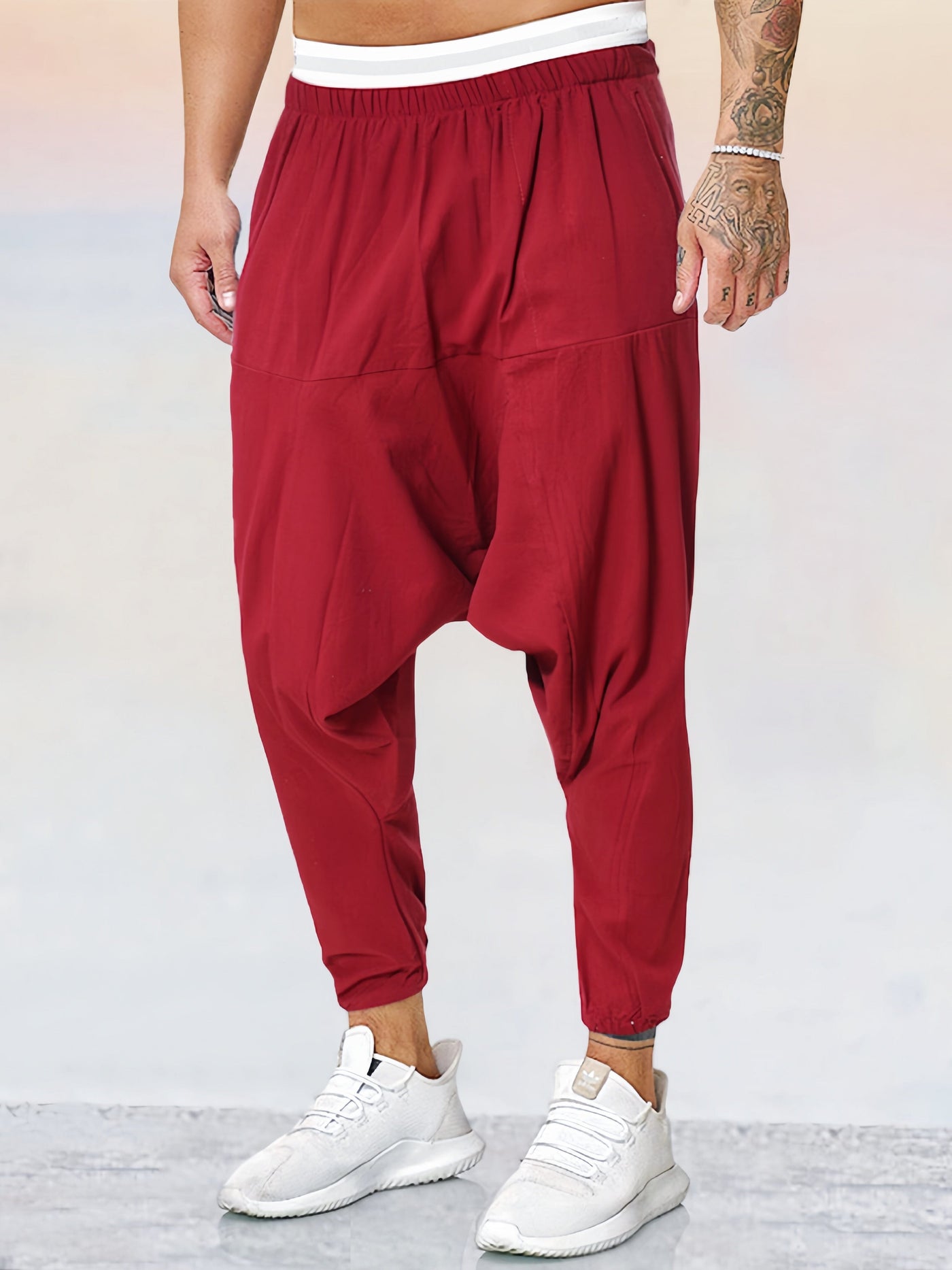 Cotton Linen Solid Color Harem Pants Pants coofandystore Red M 