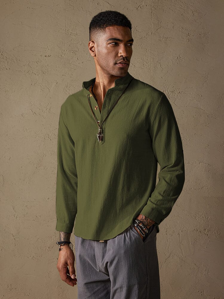 Casual Cotton Linen Solid Color Shirt Shirts coofandystore Army Green M 