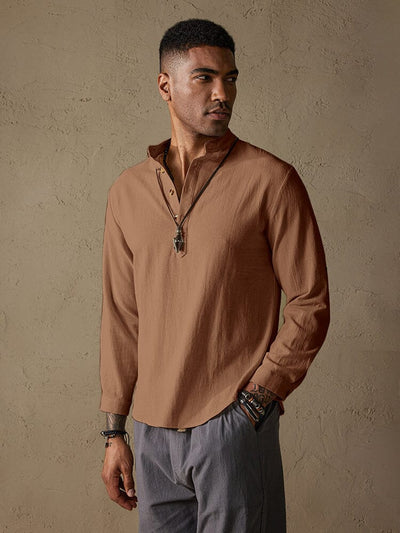 Casual Cotton Linen Solid Color Shirt Shirts coofandystore Brown M 