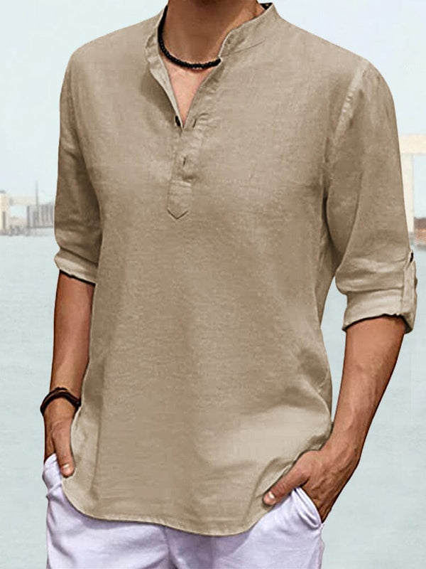 Cotton Linen Solid Color Casual Shirt Shirts coofandystore Khaki M 