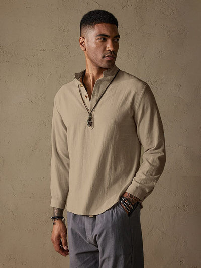 Casual Cotton Linen Solid Color Shirt Shirts coofandystore Khaki M 