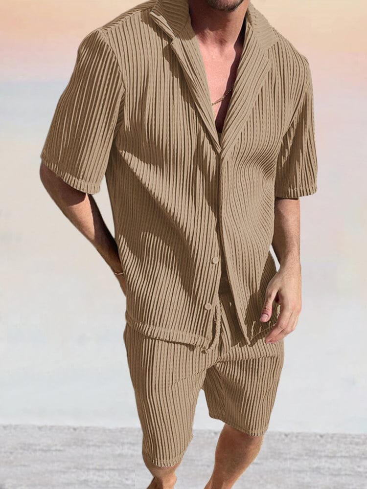 Casual Striped Short Sleeve Shirt Set Sets coofandystore Khaki S 