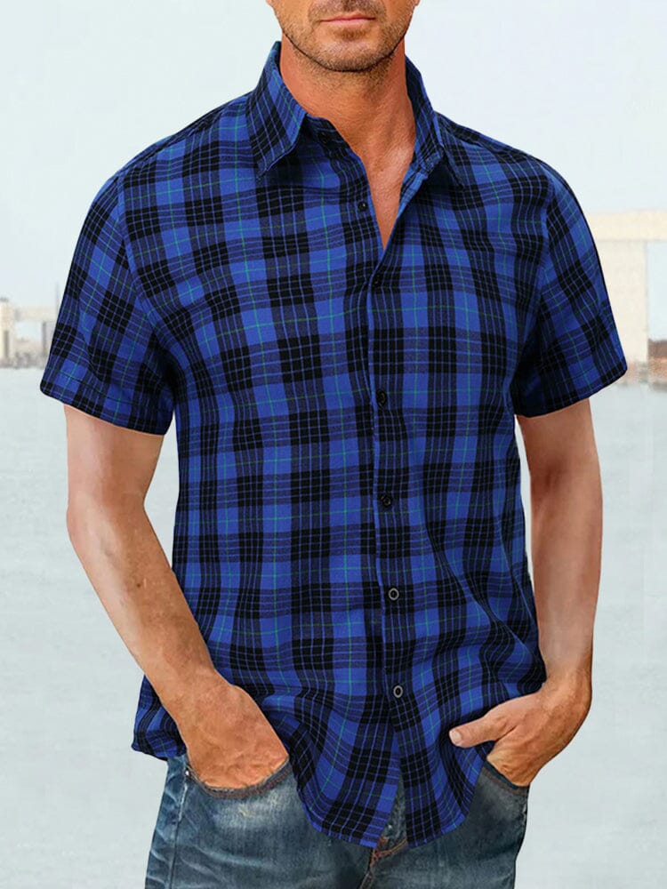 Cotton Plaid Casual Button Shirt Shirts coofandystore Blue S 