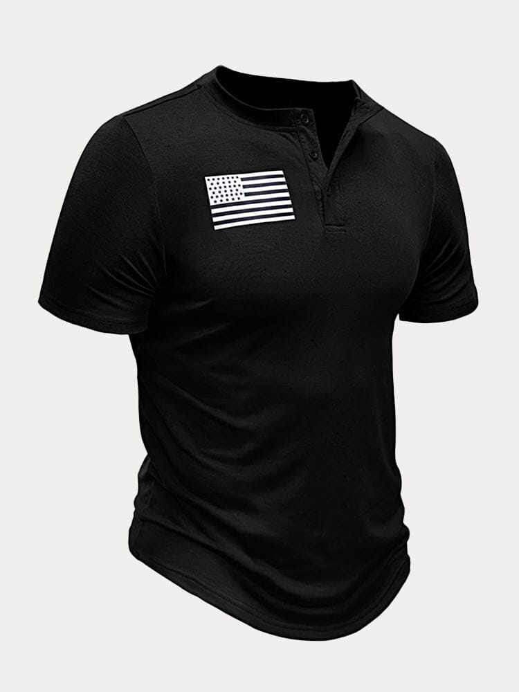 Casual Flag Printed Henley T-shirt T-Shirt coofandystore Black S 
