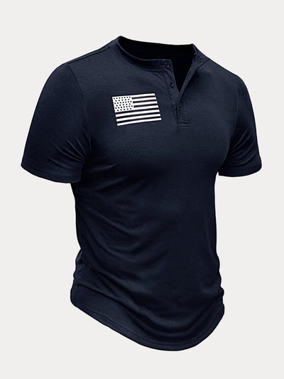 Casual Flag Printed Henley T-shirt T-Shirt coofandystore Navy Blue S 