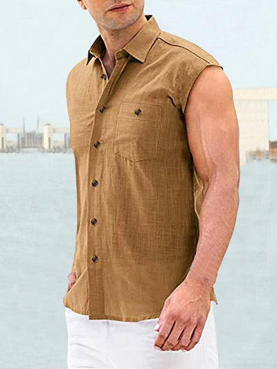 Solid Button Sleeveless Shirt Shirts coofandystore Brown M 