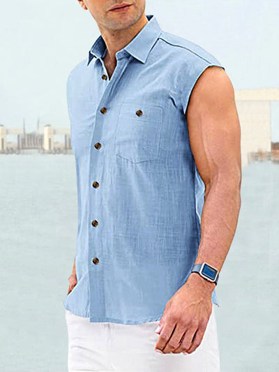 Solid Button Sleeveless Shirt Shirts coofandystore Blue M 