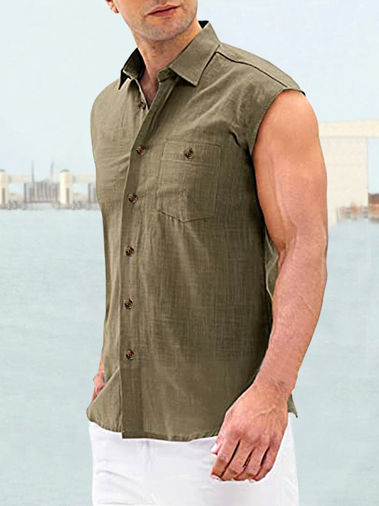 Solid Button Sleeveless Shirt Shirts coofandystore Green M 