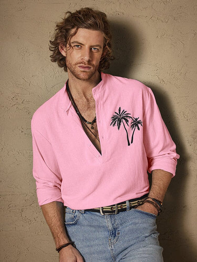 Cotton Linen Coconut Tree Printed Long Sleeve Shirt Shirts coofandystore Pink M 