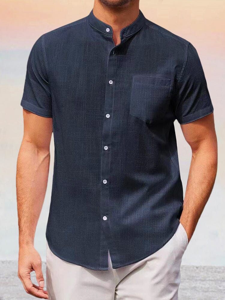Cozy Stand Collar Cotton Linen Shirt Shirts coofandystore Navy Blue S 